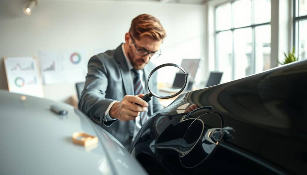 A detailed and realistic depiction of a car damage assessment scene. In the foreground, a professional appraiser, dressed in smart business attire, examines a car with visible dents and scratches, using a magnifying glass to inspect the damage closely. The middle ground shows an office setting with a large desk cluttered with documents and tools for valuation, including measuring tapes and a laptop displaying statistical data. In the background, a large window lets in natural light, creating a bright and focused atmosphere. The overall mood is analytical and serious, emphasizing the importance of accurate damage evaluation. Capture this scene using a sharp focus and a slight depth of field, ensuring that the foreground is clear while the background is softly blurred. A detailed and realistic depiction of a car damage assessment scene. In the foreground, a professional appraiser, dressed in smart business attire, examines a car with visible dents and scratches, using a magnifying glass to inspect the damage closely. The middle ground shows an office setting with a large desk cluttered with documents and tools for valuation, including measuring tapes and a laptop displaying statistical data. In the background, a large window lets in natural light, creating a bright and focused atmosphere. The overall mood is analytical and serious, emphasizing the importance of accurate damage evaluation. Capture this scene using a sharp focus and a slight depth of field, ensuring that the foreground is clear while the background is softly blurred.