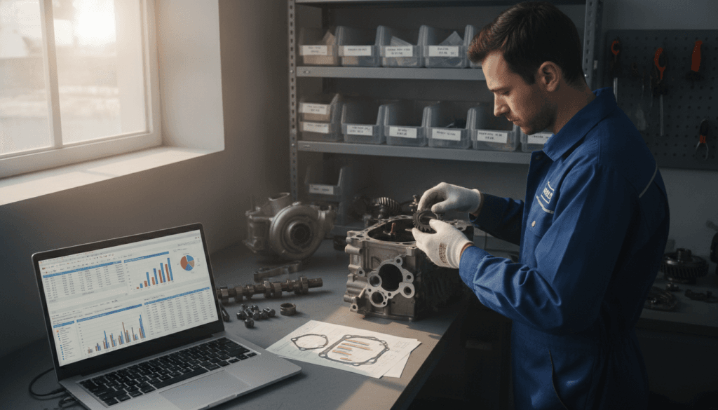 A detailed composition focused on "cost analysis of spare parts." In the foreground, a neatly organized workspace features a laptop displaying complex spreadsheets filled with numbers and graphs. To one side, a mechanic in a professional blue jumpsuit analyzes engine components, surrounded by spare parts like gears and bolts, highlighted by soft, natural lighting filtering through a nearby window. In the background, a shelf filled with neatly labeled spare parts and tools adds depth. The atmosphere is one of focused professionalism and careful consideration, with a clear emphasis on the importance of thorough cost analysis. Use a slight overhead angle to capture the workspace layout effectively, ensuring all elements are in sharp focus and well-lit without any distracting shadows. A detailed composition focused on "cost analysis of spare parts." In the foreground, a neatly organized workspace features a laptop displaying complex spreadsheets filled with numbers and graphs. To one side, a mechanic in a professional blue jumpsuit analyzes engine components, surrounded by spare parts like gears and bolts, highlighted by soft, natural lighting filtering through a nearby window. In the background, a shelf filled with neatly labeled spare parts and tools adds depth. The atmosphere is one of focused professionalism and careful consideration, with a clear emphasis on the importance of thorough cost analysis. Use a slight overhead angle to capture the workspace layout effectively, ensuring all elements are in sharp focus and well-lit without any distracting shadows.