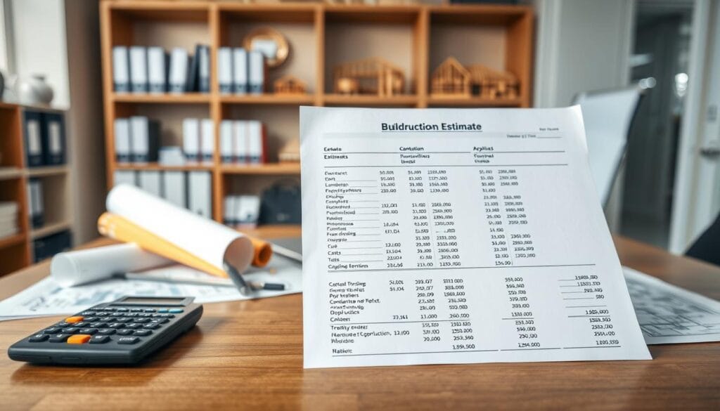 A detailed construction cost estimate document focused on a building project, displayed prominently in the foreground. The document features clear itemized lists and calculations, evoking professionalism. The middle ground includes a calculator, drafting tools, and blueprints, arranged neatly on a wooden desk. In the background, a well-lit office environment with shelves containing construction books and architectural models. The lighting is bright and focused, casting soft shadows that enhance the document's clarity. The mood is serious and analytical, portraying a sense of diligence and accuracy in financial planning. The composition should be shot from a slightly elevated angle, providing depth and emphasizing the various elements without clutter. A detailed construction cost estimate document focused on a building project, displayed prominently in the foreground. The document features clear itemized lists and calculations, evoking professionalism. The middle ground includes a calculator, drafting tools, and blueprints, arranged neatly on a wooden desk. In the background, a well-lit office environment with shelves containing construction books and architectural models. The lighting is bright and focused, casting soft shadows that enhance the document's clarity. The mood is serious and analytical, portraying a sense of diligence and accuracy in financial planning. The composition should be shot from a slightly elevated angle, providing depth and emphasizing the various elements without clutter.