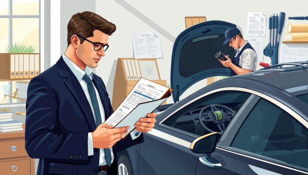 A detailed illustration depicting consumer claims and legal issues related to automobiles. In the foreground, a confident professional in business attire examines a car with a concerned expression, holding a clipboard filled with technical assessments. The middle layer features a mechanic inspecting the vehicle, highlighting the damage with tools and diagnostic equipment. Background elements include a law office setting with legal books and documents, alongside automotive repair tools. Soft, natural lighting filters in from a window, casting gentle shadows and creating a serious yet informative atmosphere. The composition should emphasize the importance of vehicle damage assessment and the potential consequences of neglecting cost evaluation, with an overall tone of urgency and professionalism. A detailed illustration depicting consumer claims and legal issues related to automobiles. In the foreground, a confident professional in business attire examines a car with a concerned expression, holding a clipboard filled with technical assessments. The middle layer features a mechanic inspecting the vehicle, highlighting the damage with tools and diagnostic equipment. Background elements include a law office setting with legal books and documents, alongside automotive repair tools. Soft, natural lighting filters in from a window, casting gentle shadows and creating a serious yet informative atmosphere. The composition should emphasize the importance of vehicle damage assessment and the potential consequences of neglecting cost evaluation, with an overall tone of urgency and professionalism.