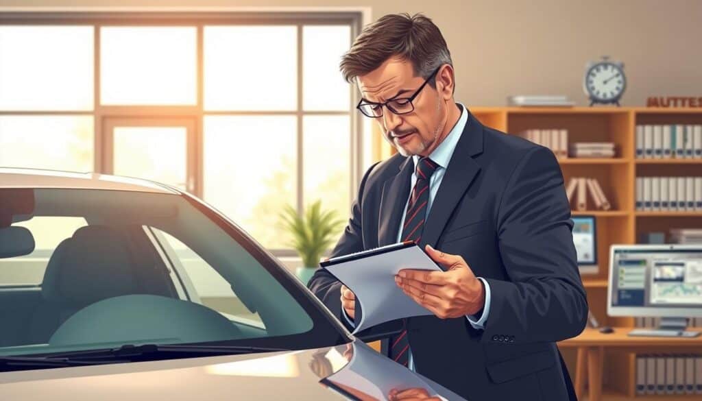 A detailed illustration of a professional evaluating the value of a vehicle before damage, depicted in a modern office setting. In the foreground, a middle-aged professional in smart business attire closely inspects a sleek, well-maintained car with a clipboard and measuring tools. The middle ground features an open window allowing natural light to illuminate the scene, creating a warm atmosphere. In the background, an organized workspace with various automotive books and a computer displaying valuation software adds context. The overall mood conveys diligence and expertise in assessing the vehicle's worth before any incident occurs, with a focus on clarity and professionalism. The lighting is bright and even, emphasizing the subject's concentration. No text, watermarks, or other distractions are present in the image. A detailed illustration of a professional evaluating the value of a vehicle before damage, depicted in a modern office setting. In the foreground, a middle-aged professional in smart business attire closely inspects a sleek, well-maintained car with a clipboard and measuring tools. The middle ground features an open window allowing natural light to illuminate the scene, creating a warm atmosphere. In the background, an organized workspace with various automotive books and a computer displaying valuation software adds context. The overall mood conveys diligence and expertise in assessing the vehicle's worth before any incident occurs, with a focus on clarity and professionalism. The lighting is bright and even, emphasizing the subject's concentration. No text, watermarks, or other distractions are present in the image.