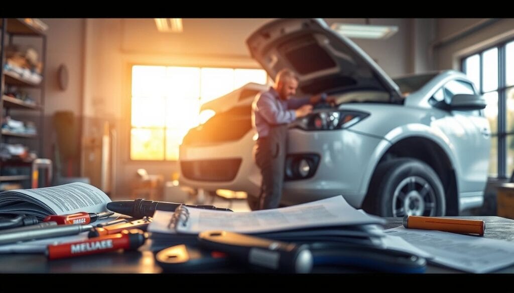 A detailed illustration of an auto repair process after an accident, featuring a mechanic in professional attire examining a damaged vehicle in a well-lit garage. In the foreground, tools and repair manuals are scattered on a workbench, emphasizing preparation and organization. The middle section shows the mechanic inspecting the car’s front end, with visible dents and broken parts. In the background, a large window lets in warm, natural light, creating a sense of optimism amidst the repair process. The atmosphere conveys diligence and professionalism, highlighting the importance of proper documentation for repair costs. The scene is framed with a slight depth of field, focusing on the repair work while softly blurring the background.