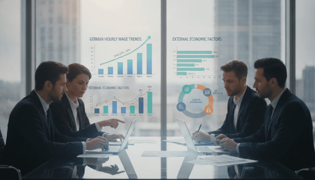 A detailed infographic illustrating the concept of "German hourly wage rates" with a focus on the impact of external economic factors. In the foreground, include a set of diverse, professionally attired business people engaged in discussion, analyzing data on laptops and documents. The middle layer should showcase bar graphs and charts depicting wage trends and economic indicators in a clear and concise manner. The background features a modern office setting with large windows, allowing natural light to illuminate the space, creating a bright and professional atmosphere. Utilize a soft-focus lens effect on the background to highlight the foreground subjects, enhancing the mood of collaborative analysis and serious reflection on economic influences. A detailed infographic illustrating the concept of "German hourly wage rates" with a focus on the impact of external economic factors. In the foreground, include a set of diverse, professionally attired business people engaged in discussion, analyzing data on laptops and documents. The middle layer should showcase bar graphs and charts depicting wage trends and economic indicators in a clear and concise manner. The background features a modern office setting with large windows, allowing natural light to illuminate the space, creating a bright and professional atmosphere. Utilize a soft-focus lens effect on the background to highlight the foreground subjects, enhancing the mood of collaborative analysis and serious reflection on economic influences.