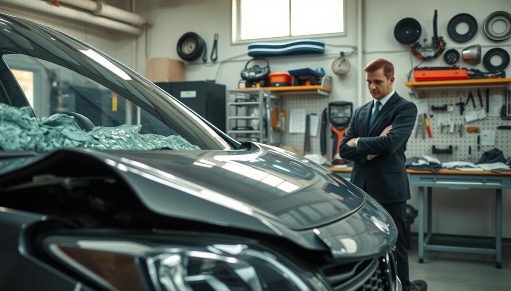 A detailed scene depicting a damaged car in a modern auto repair shop. In the foreground, show the car with a visibly crumpled front end, highlighting the extent of the damage; its shattered windshield reflects natural light coming through a nearby window. In the middle ground, portray a mechanic in professional business attire examining the car, focused on assessing the repairs needed. The background features various tools, spare parts, and a workbench with car repair manuals, creating an atmosphere of diligence and expertise. The lighting is bright and even, casting soft shadows to convey a clean, organized workspace. The overall mood is serious yet constructive, emphasizing the importance of understanding repair concepts. A detailed scene depicting a damaged car in a modern auto repair shop. In the foreground, show the car with a visibly crumpled front end, highlighting the extent of the damage; its shattered windshield reflects natural light coming through a nearby window. In the middle ground, portray a mechanic in professional business attire examining the car, focused on assessing the repairs needed. The background features various tools, spare parts, and a workbench with car repair manuals, creating an atmosphere of diligence and expertise. The lighting is bright and even, casting soft shadows to convey a clean, organized workspace. The overall mood is serious yet constructive, emphasizing the importance of understanding repair concepts.