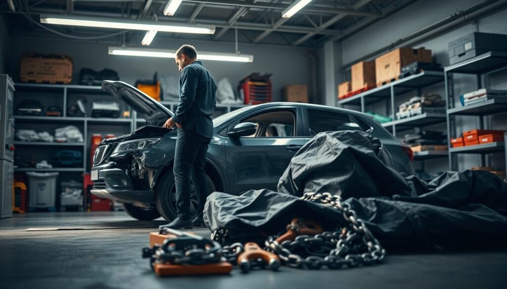 A detailed scene depicting a damaged vehicle being secured in a garage. In the foreground, show a professional in business attire inspecting the vehicle, highlighting areas of damage. In the middle, focus on tools and protective materials used to secure the vehicle, like tarps and chains, neatly arranged. The background features a well-lit garage with shelves holding various automotive supplies, creating an organized atmosphere. Soft overhead lighting casts gentle shadows, emphasizing the seriousness of vehicle safety. The mood conveys a sense of urgency and responsibility, underscoring the importance of protecting a damaged vehicle from further harm. The composition should have a slight tilt to add dynamism, capturing the careful attention given to the task at hand. A detailed scene depicting a damaged vehicle being secured in a garage. In the foreground, show a professional in business attire inspecting the vehicle, highlighting areas of damage. In the middle, focus on tools and protective materials used to secure the vehicle, like tarps and chains, neatly arranged. The background features a well-lit garage with shelves holding various automotive supplies, creating an organized atmosphere. Soft overhead lighting casts gentle shadows, emphasizing the seriousness of vehicle safety. The mood conveys a sense of urgency and responsibility, underscoring the importance of protecting a damaged vehicle from further harm. The composition should have a slight tilt to add dynamism, capturing the careful attention given to the task at hand.