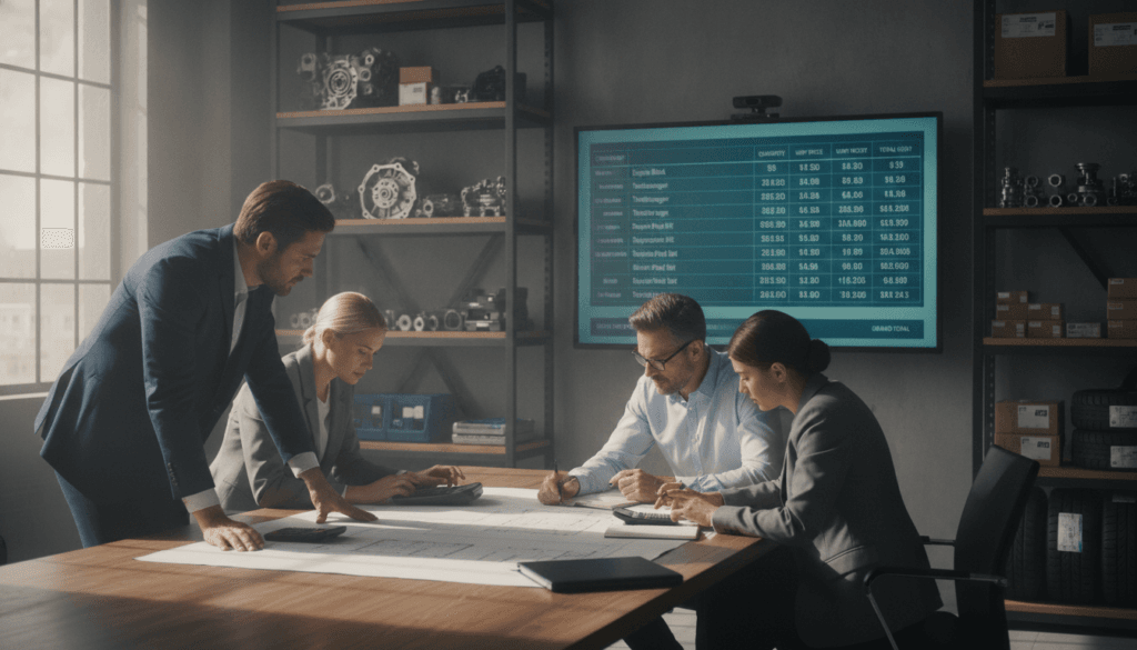 A detailed scene depicting a professional setting for cost estimation of spare parts. In the foreground, a diverse group of three professionals—two men and one woman—dressed in business attire, are gathered around a large wooden conference table filled with blueprints and calculators. The middle ground features a large screen displaying a digital cost breakdown chart, showcasing various components and their prices. The background includes shelves filled with spare parts and tools, creating an organized and efficient atmosphere. Soft, natural lighting streams through a large window, casting gentle shadows, while the mood is focused and collaborative, reflecting careful analysis and teamwork. The overall color palette is composed of neutral tones with accents of blue and green for a modern, professional appearance.