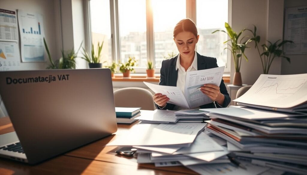 A detailed scene depicting a workspace dedicated to "dokumentacja VAT". In the foreground, a wooden desk is cluttered with neatly arranged papers and folders, highlighting tax documents and forms related to VAT. A sleek laptop is open, displaying spreadsheets and graphs. In the middle, a focused businesswoman wearing smart attire reviews a stack of documents, taking notes with a pen. The background features a large window with natural light streaming in, illuminating a modern office filled with potted plants and charts on the walls. The atmosphere is professional and organized, evoking a sense of diligence and precision essential for small businesses navigating VAT regulations. The lighting is warm and inviting, with a soft focus to enhance the feeling of concentration and seriousness.