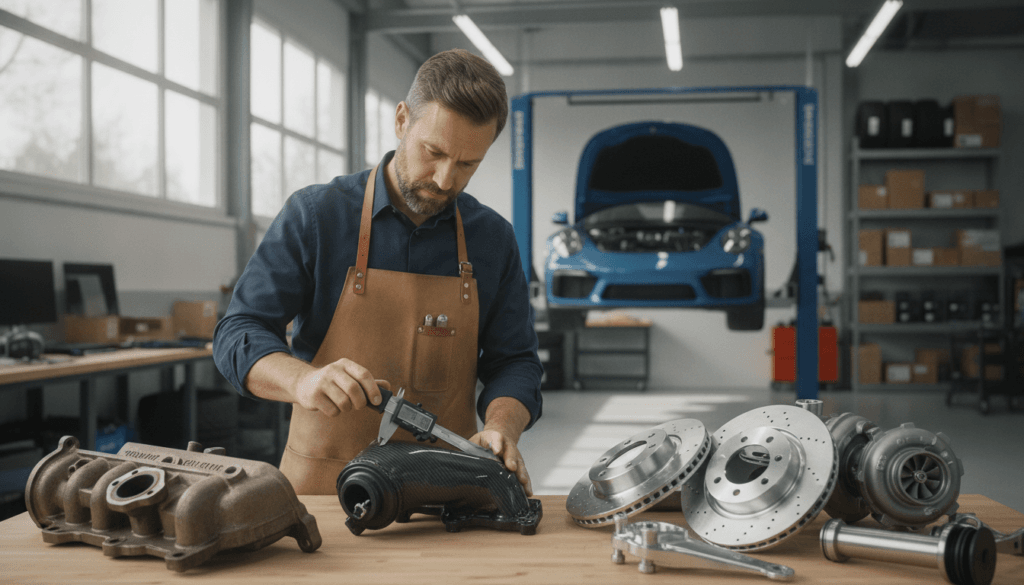 A detailed scene depicting an automotive expert inspecting vehicle parts in a modern workshop. In the foreground, focus on a well-dressed expert in a professional shirt and apron, examining a high-quality aftermarket car part with a thoughtful expression. The middle ground features a neatly organized workbench filled with various automotive components, including original and replacement parts, symbolizing the comparison between them. The background showcases a bright, well-lit garage with tools, a partially visible vehicle on a lift, and shelves filled with car parts. Use natural lighting to create a vibrant atmosphere, highlighting the details of the parts with a soft focus lens effect to emphasize the importance of replacement parts on vehicle value. The overall mood should be professional and informative. A detailed scene depicting an automotive expert inspecting vehicle parts in a modern workshop. In the foreground, focus on a well-dressed expert in a professional shirt and apron, examining a high-quality aftermarket car part with a thoughtful expression. The middle ground features a neatly organized workbench filled with various automotive components, including original and replacement parts, symbolizing the comparison between them. The background showcases a bright, well-lit garage with tools, a partially visible vehicle on a lift, and shelves filled with car parts. Use natural lighting to create a vibrant atmosphere, highlighting the details of the parts with a soft focus lens effect to emphasize the importance of replacement parts on vehicle value. The overall mood should be professional and informative.