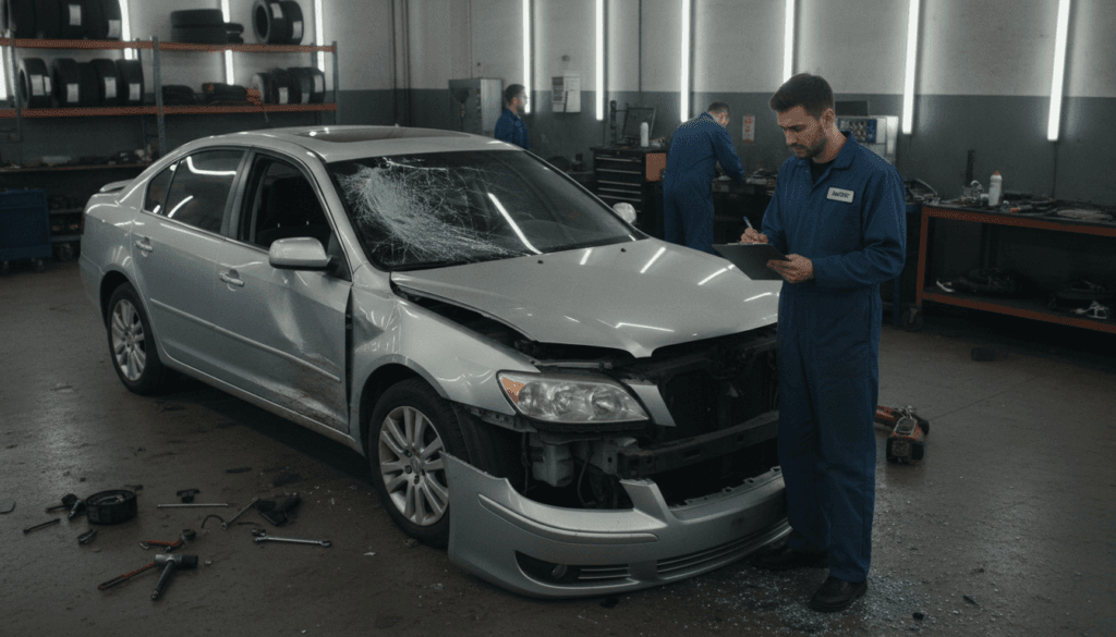 A detailed scene illustrating the depreciation of a vehicle after an accident. In the foreground, a damaged sedan with visible dents and broken glass, parked in an auto repair shop. The middle ground features a professional mechanic assessing the damage, dressed in a blue jumpsuit, clipboard in hand, looking concerned. Tools and parts are scattered around, emphasizing the repair process. In the background, bright fluorescent lights illuminate the space, highlighting the contrast between the vehicle's damaged exterior and the organized workshop environment. The mood is serious and reflective, capturing the financial implications and emotional weight of vehicle value loss post-accident. The angle is slightly overhead, showcasing both the vehicle and the mechanic’s engaged expression. A detailed scene illustrating the depreciation of a vehicle after an accident. In the foreground, a damaged sedan with visible dents and broken glass, parked in an auto repair shop. The middle ground features a professional mechanic assessing the damage, dressed in a blue jumpsuit, clipboard in hand, looking concerned. Tools and parts are scattered around, emphasizing the repair process. In the background, bright fluorescent lights illuminate the space, highlighting the contrast between the vehicle's damaged exterior and the organized workshop environment. The mood is serious and reflective, capturing the financial implications and emotional weight of vehicle value loss post-accident. The angle is slightly overhead, showcasing both the vehicle and the mechanic’s engaged expression.