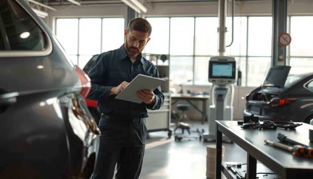 A detailed scene in a modern automotive repair shop, illustrating the process of assessing vehicle damage. In the foreground, a mechanic in professional attire examines a damaged car with visible dents and scratches, holding a clipboard for assessment. The middle ground displays a workbench with tools and parts scattered about, while an advanced diagnostic machine is actively checking another vehicle. In the background, large windows let in natural light, illuminating the workspace and emphasizing a sense of professionalism and efficiency. The overall atmosphere conveys a serious yet solution-oriented mood, with soft, natural lighting to enhance clarity and focus on the repair process. A detailed scene in a modern automotive repair shop, illustrating the process of assessing vehicle damage. In the foreground, a mechanic in professional attire examines a damaged car with visible dents and scratches, holding a clipboard for assessment. The middle ground displays a workbench with tools and parts scattered about, while an advanced diagnostic machine is actively checking another vehicle. In the background, large windows let in natural light, illuminating the workspace and emphasizing a sense of professionalism and efficiency. The overall atmosphere conveys a serious yet solution-oriented mood, with soft, natural lighting to enhance clarity and focus on the repair process.