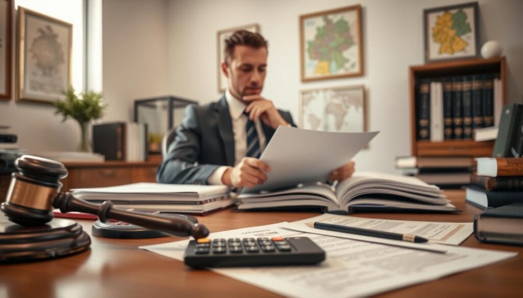 A detailed view of a professional legal setting illustrating "German law and compensation for car rentals." In the foreground, a neatly arranged legal desk with documents related to § 249 BGB, including a gavel, a calculator, and a car rental agreement. The middle ground features a focused legal professional, wearing a suit, analyzing the paperwork with a thoughtful expression, surrounded by law books. The background showcases a well-lit office space adorned with framed legal certificates and a map of Germany on the wall. Soft, natural light streams through a window, casting a warm glow, creating an atmosphere of professionalism, diligence, and resolution. Avoid any human interactions or clutter, maintaining a clean and organized workspace. A detailed view of a professional legal setting illustrating "German law and compensation for car rentals." In the foreground, a neatly arranged legal desk with documents related to § 249 BGB, including a gavel, a calculator, and a car rental agreement. The middle ground features a focused legal professional, wearing a suit, analyzing the paperwork with a thoughtful expression, surrounded by law books. The background showcases a well-lit office space adorned with framed legal certificates and a map of Germany on the wall. Soft, natural light streams through a window, casting a warm glow, creating an atmosphere of professionalism, diligence, and resolution. Avoid any human interactions or clutter, maintaining a clean and organized workspace.