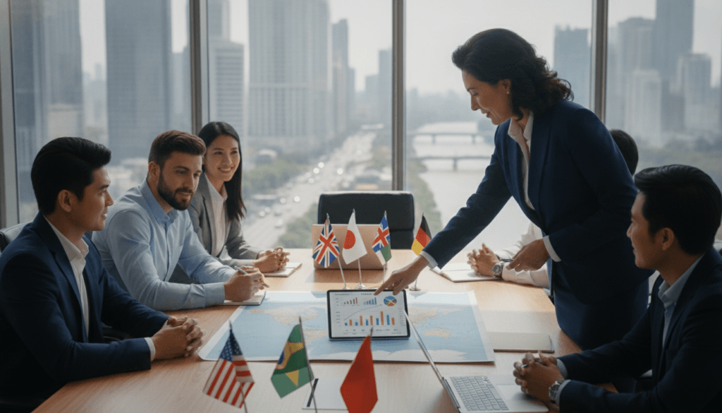 A diverse group of professionals gathered in a modern office environment, discussing international insurance collaboration. In the foreground, a middle-aged woman in a business suit points at a digital tablet, showcasing charts and graphs. Beside her, a young man in smart casual attire takes notes, looking engaged. In the middle, a large conference table is adorned with international flags and a world map, symbolizing global partnerships. The background features large windows with a view of a bustling cityscape, allowing natural light to flood the room, creating a bright and optimistic atmosphere. The setting evokes a sense of teamwork and professionalism in an international context, highlighting the importance of working with global insurers. A diverse group of professionals gathered in a modern office environment, discussing international insurance collaboration. In the foreground, a middle-aged woman in a business suit points at a digital tablet, showcasing charts and graphs. Beside her, a young man in smart casual attire takes notes, looking engaged. In the middle, a large conference table is adorned with international flags and a world map, symbolizing global partnerships. The background features large windows with a view of a bustling cityscape, allowing natural light to flood the room, creating a bright and optimistic atmosphere. The setting evokes a sense of teamwork and professionalism in an international context, highlighting the importance of working with global insurers.