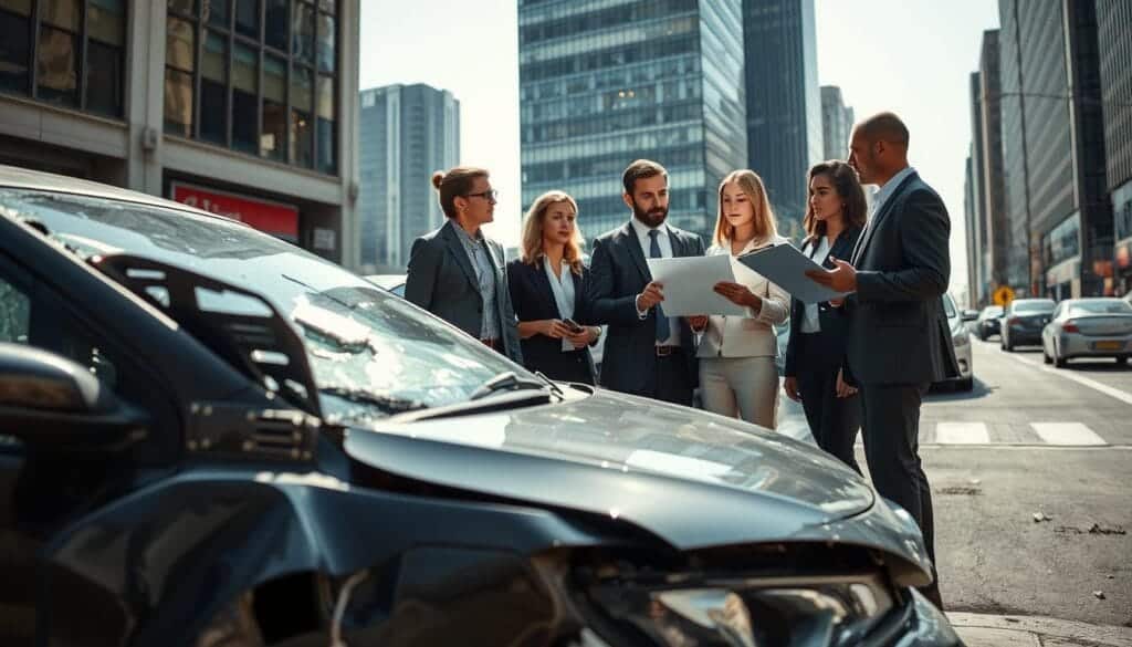 A dramatic scene illustrating the impact of car accidents on market value, set in an urban environment. In the foreground, a damaged car with a visibly dented frame and shattered glass, indicating a recent collision. In the middle ground, a diverse group of professionals in business attire discussing the car's condition, with one person analyzing a clipboard filled with valuation notes. The background features a busy city street, with tall buildings reflecting the sunlight, creating a sense of urgency. The lighting is bright, emphasizing the wear and tear on the car, while the mood is serious and contemplative. The image is composed with a slight low-angle perspective, capturing the intensity of the discussion and the realism of the scene, devoid of any text or distractions.