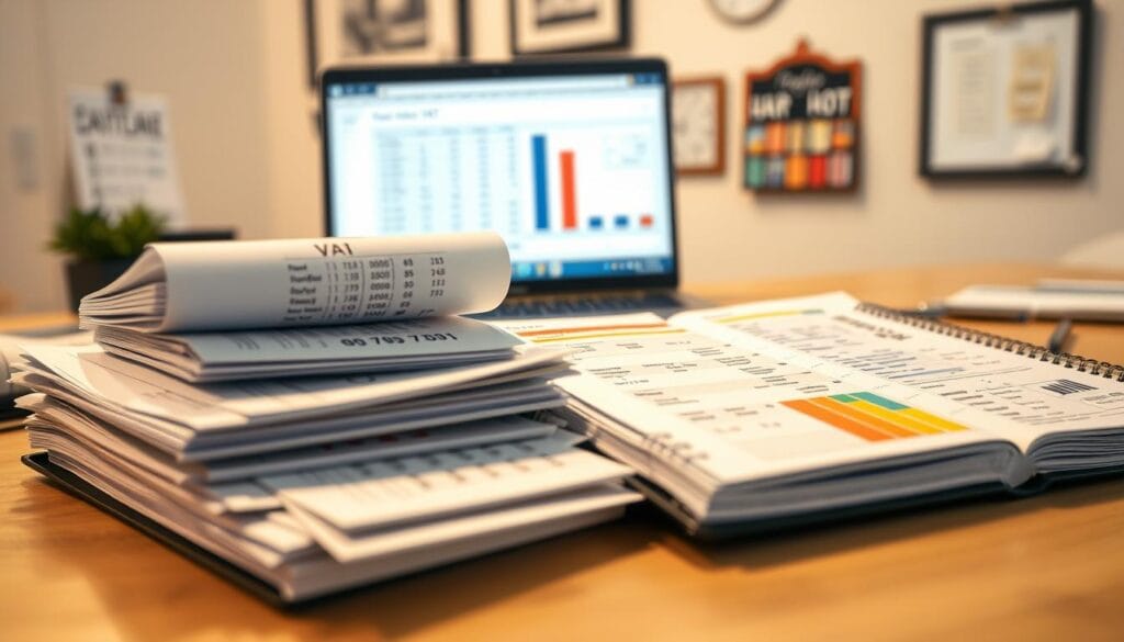 A focused office desk scene showcasing VAT documentation organized neatly. In the foreground, a stack of detailed invoices, receipts, and a colorful ledger adorned with charts, all reflecting the German VAT system. The middle ground features a well-lit, clutter-free workspace with a laptop open displaying spreadsheets, emphasizing digital record-keeping. In the background, a soft-focus wall with a stylish calendar and framed certificates, enhancing the professionalism of the setting. The lighting is bright yet warm, creating an inviting atmosphere, with a shallow depth of field to draw attention to the documents. The overall mood conveys diligence and responsibility in financial management, highlighting the importance of proper documentation in business compliance.