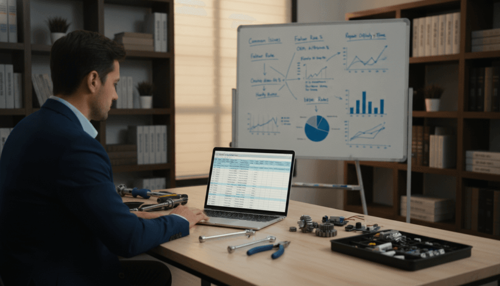 A focused scene depicting an office workspace dedicated to precise repair cost estimation. In the foreground, a professional businessperson in smart attire is analyzing a detailed spreadsheet on a sleek laptop, surrounded by mechanical tools and spare parts displayed on a clean desk. The middle layer features a large whiteboard filled with charts, graphs, and notes about repair calculations. In the background, soft lighting creates a calm atmosphere, illuminating shelves with reference books and repair manuals. Use a slight downward angle to emphasize the workspace, creating a sense of depth. The mood should be professional and meticulous, reflecting the importance of accurate cost assessment in repair scenarios. A focused scene depicting an office workspace dedicated to precise repair cost estimation. In the foreground, a professional businessperson in smart attire is analyzing a detailed spreadsheet on a sleek laptop, surrounded by mechanical tools and spare parts displayed on a clean desk. The middle layer features a large whiteboard filled with charts, graphs, and notes about repair calculations. In the background, soft lighting creates a calm atmosphere, illuminating shelves with reference books and repair manuals. Use a slight downward angle to emphasize the workspace, creating a sense of depth. The mood should be professional and meticulous, reflecting the importance of accurate cost assessment in repair scenarios.