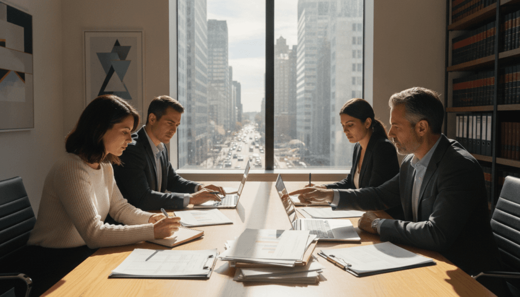 A focused scene in a modern office setting, showcasing a diverse group of professionals engaged in calculating damages with spreadsheets and financial documents spread across a polished wooden table. In the foreground, a middle-aged man in a tailored suit points to a chart on a laptop, while a woman in smart casual attire takes notes. In the middle, a large window reveals a bustling cityscape, and sunlight streams in, creating a warm, inviting atmosphere. The background features abstract art on the walls and shelves filled with legal books, enhancing the professional vibe. The scene is well-lit with natural daylight, emphasizing concentration and teamwork, conveying a sense of diligence in the calculation process.