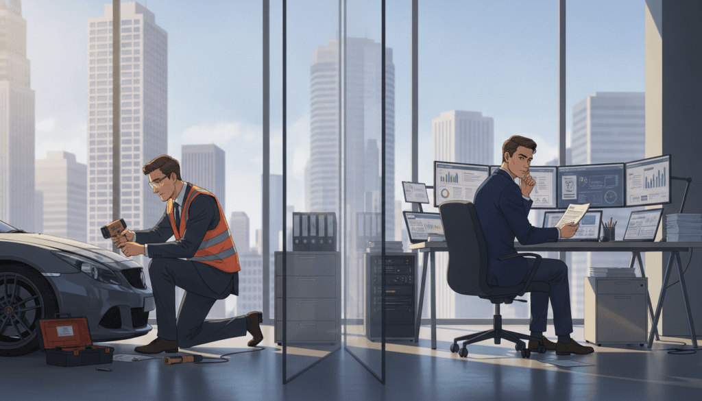 A highly detailed illustration depicting the differences between appraisers and insurers in a professional setting. In the foreground, two figures in business attire: on the left, an appraiser examining a vehicle with a notepad and a measuring tool, showcasing a focused expression; on the right, an insurer seated at a desk, reviewing documents with a thoughtful look, surrounded by computer screens displaying insurance graphs. In the middle ground, an open office with typical equipment, emphasizing the distinct environments. The background includes a large window with a cityscape, allowing natural light to illuminate the scene, creating a bright and professional atmosphere. The image conveys a serious yet informative mood, reflecting the importance of each role in the industry.