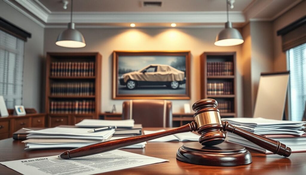 A legal office interior illustrating the concept of vehicle security regulations. In the foreground, a wooden desk is cluttered with important legal documents and a gavel, representing legal authority. In the middle ground, a framed picture of a car secured with a tarp, symbolizing protection laws, is mounted on a wall. A bookshelf filled with law books in the background enhances the scholarly atmosphere. Soft, warm lighting from overhead fixtures casts a professional glow throughout the room, creating a serious yet approachable mood. An angled view of the office emphasizes depth, drawing the viewer's attention toward the car image that embodies the intersection of law and vehicle protection. A legal office interior illustrating the concept of vehicle security regulations. In the foreground, a wooden desk is cluttered with important legal documents and a gavel, representing legal authority. In the middle ground, a framed picture of a car secured with a tarp, symbolizing protection laws, is mounted on a wall. A bookshelf filled with law books in the background enhances the scholarly atmosphere. Soft, warm lighting from overhead fixtures casts a professional glow throughout the room, creating a serious yet approachable mood. An angled view of the office emphasizes depth, drawing the viewer's attention toward the car image that embodies the intersection of law and vehicle protection.