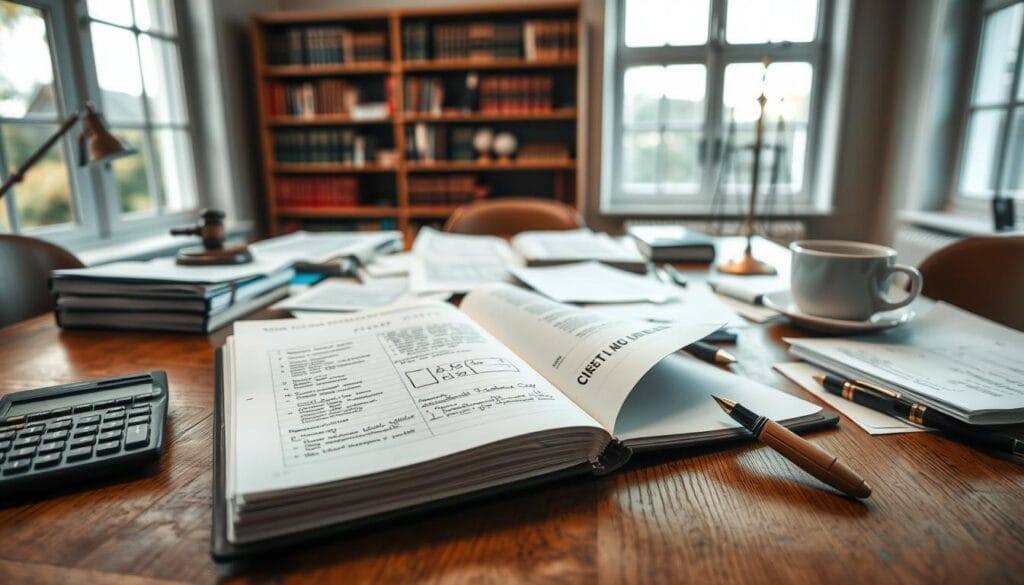 A legal-themed workspace, featuring a wooden desk strewn with various documents and legal papers. In the foreground, there is an open ledger showing detailed notes about lost receipts, surrounded by a calculator, a fountain pen, and a coffee cup. In the middle, a blurred bookshelf filled with law books and regulations, hinting at "przepisy prawne." In the background, large windows let in soft, natural light, creating a warm atmosphere. The room has neutral tones, with subtle textures that add depth. The composition should evoke a sense of diligence and seriousness, suitable for legal proceedings. The lighting is soft and even, with a focus on the desk, highlighting the importance of documentation in legal claims. A legal-themed workspace, featuring a wooden desk strewn with various documents and legal papers. In the foreground, there is an open ledger showing detailed notes about lost receipts, surrounded by a calculator, a fountain pen, and a coffee cup. In the middle, a blurred bookshelf filled with law books and regulations, hinting at "przepisy prawne." In the background, large windows let in soft, natural light, creating a warm atmosphere. The room has neutral tones, with subtle textures that add depth. The composition should evoke a sense of diligence and seriousness, suitable for legal proceedings. The lighting is soft and even, with a focus on the desk, highlighting the importance of documentation in legal claims.