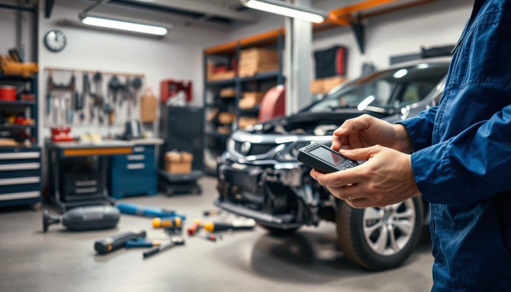 A mechanic in a blue jumpsuit is carefully assessing the damage on the front end of a car in a well-lit garage. The foreground features a detailed close-up of the mechanic’s hands using a diagnostic tool, highlighting the precision of his work. In the middle, the car is partially disassembled, revealing its intricate inner workings, with various tools scattered around, emphasizing the repair process. The background shows a clean, organized workspace with shelves full of tools and an illuminated workbench, creating a professional atmosphere. The lighting is bright and focused, casting soft shadows that enhance the scene's clarity. The overall mood is one of diligence and professionalism, reflecting the importance of accurately evaluating repair costs. A mechanic in a blue jumpsuit is carefully assessing the damage on the front end of a car in a well-lit garage. The foreground features a detailed close-up of the mechanic’s hands using a diagnostic tool, highlighting the precision of his work. In the middle, the car is partially disassembled, revealing its intricate inner workings, with various tools scattered around, emphasizing the repair process. The background shows a clean, organized workspace with shelves full of tools and an illuminated workbench, creating a professional atmosphere. The lighting is bright and focused, casting soft shadows that enhance the scene's clarity. The overall mood is one of diligence and professionalism, reflecting the importance of accurately evaluating repair costs.