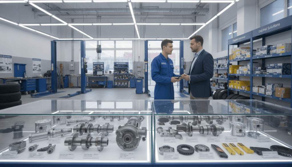A modern automotive shop interior, showcasing a variety of original auto parts neatly organized on shelves. In the foreground, a well-lit display of engine components and car accessories, with clear labels and attractive lighting highlighting their features. In the middle ground, a mechanic in professional attire is assisting a customer, discussing the benefits of genuine parts. The background features a spacious workshop area with tools and workbenches, all under bright, fluorescent lighting. The atmosphere is professional and inviting, emphasizing the importance of original parts in vehicle maintenance. Capture the scene from a slight angle to provide depth and focus on the interaction between the mechanic and customer, ensuring a clean and polished look without any distractions.