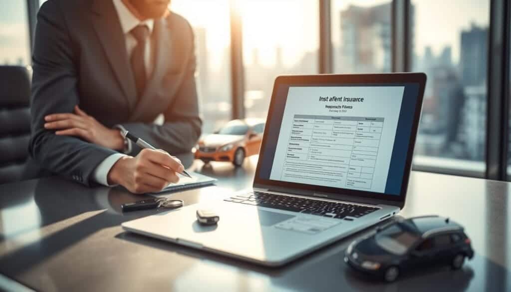 A modern office environment showcasing a sleek desk with a laptop displaying a digital insurance form for a "car after damage." In the foreground, a professional in business attire reviews the form thoughtfully, holding a pen. The middle layer features items like car keys and a model car representing the damaged vehicle, symbolizing the automobile insurance industry. In the background, there are large windows revealing a cityscape, with soft, natural light casting shadows across the room. The mood is reflective and optimistic, indicating a forward-thinking approach to the future of the accident vehicle market. The focus is sharp on the desk and form, with a slight bokeh effect in the background to enhance depth.