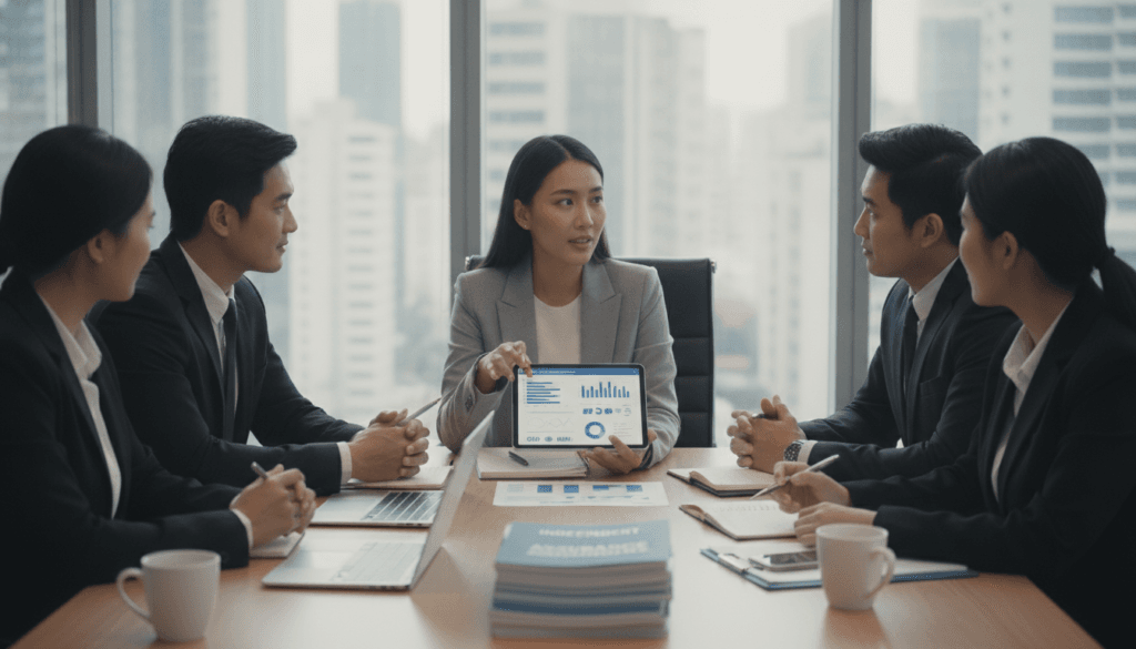 A modern office setting featuring a diverse group of professionals in business attire, engaged in a collaborative discussion over insurance information. In the foreground, a confident woman points to a digital tablet displaying graphs and statistics, surrounded by colleagues who are attentively listening and taking notes. In the middle, a sleek wooden conference table is filled with documents, laptops, and a well-organized stack of insurance brochures. The background showcases a large window with sunlight streaming in, creating a bright and inviting atmosphere. The lighting is natural and soft, enhancing focus on the individuals while maintaining a professional ambiance. The overall mood is one of collaboration and diligence, emphasizing the value of independent technical opinions in verifying calculations.