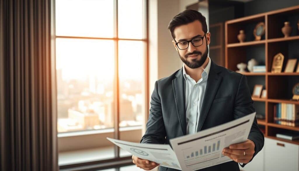 A professional and engaged property appraiser, wearing business attire, stands confidently in a sleek, modern office environment. In the foreground, the appraiser examines a set of property documents, showcasing detailed graphs and property valuations. The middle ground features a large window with a view of a cityscape, letting in soft, natural light that creates a warm yet professional atmosphere. In the background, a stylish bookshelf filled with real estate awards and reference books complements the scene. The image captures a sense of expertise and reliability, reflecting the analytical nature of the profession. The lighting is bright and inviting, emphasizing the clarity and focus of the appraiser's work, without any text or distractions.