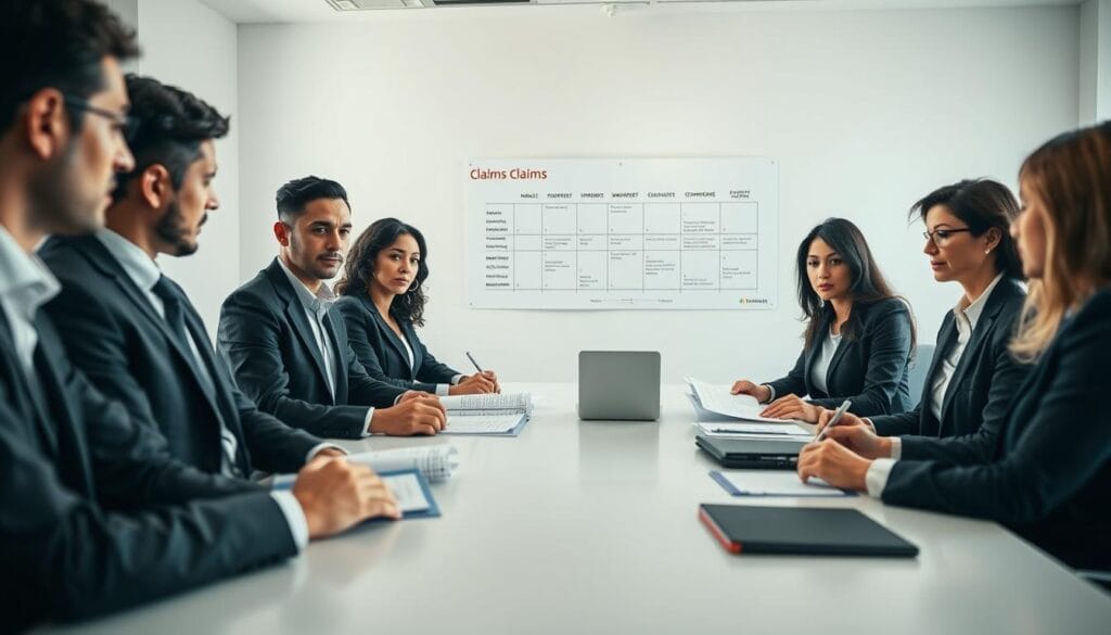 A professional and focused setting depicting a business meeting about claims and compensation. In the foreground, a diverse group of professionals in business attire (men in suits, women in tailored blouses and blazers) are engaged in a serious discussion around a table. They have documents and a laptop open, symbolizing the process of pursuing claims. In the middle, a large window allows soft, natural light to illuminate the room, casting gentle shadows. On the background wall, a chart is displayed that visually represents the timeline for claims assessment. The atmosphere is intense yet collaborative, with an air of determination and professionalism. Use a slight depth of field to accentuate the subjects while keeping the background slightly blurred, providing a clear focus on the interaction at the table. A professional and focused setting depicting a business meeting about claims and compensation. In the foreground, a diverse group of professionals in business attire (men in suits, women in tailored blouses and blazers) are engaged in a serious discussion around a table. They have documents and a laptop open, symbolizing the process of pursuing claims. In the middle, a large window allows soft, natural light to illuminate the room, casting gentle shadows. On the background wall, a chart is displayed that visually represents the timeline for claims assessment. The atmosphere is intense yet collaborative, with an air of determination and professionalism. Use a slight depth of field to accentuate the subjects while keeping the background slightly blurred, providing a clear focus on the interaction at the table.
