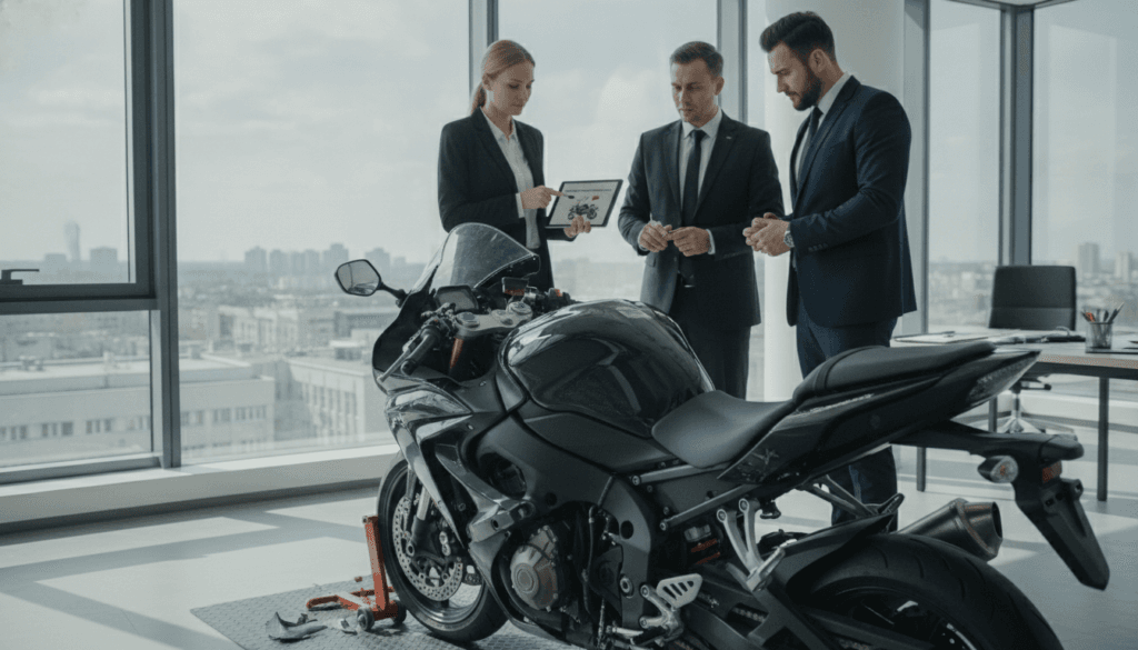 A professional and well-lit office environment where a team of three experts, dressed in business attire, collaboratively examines a damaged motorcycle. In the foreground, a detailed close-up of the motorcycle's visible damage, showcasing scratches and dents. In the middle ground, one expert is representing MOTOEXPERT, pointing at a technical report on a tablet, while another expert engages in discussion, looking keenly at the motorcycle. In the background, a large window lets in natural light, creating a bright and transparent atmosphere that conveys trust and transparency. The overall mood is focused and serious, emphasizing the importance of comprehensive knowledge before reaching any agreements on insurance claims or repairs. A professional and well-lit office environment where a team of three experts, dressed in business attire, collaboratively examines a damaged motorcycle. In the foreground, a detailed close-up of the motorcycle's visible damage, showcasing scratches and dents. In the middle ground, one expert is representing MOTOEXPERT, pointing at a technical report on a tablet, while another expert engages in discussion, looking keenly at the motorcycle. In the background, a large window lets in natural light, creating a bright and transparent atmosphere that conveys trust and transparency. The overall mood is focused and serious, emphasizing the importance of comprehensive knowledge before reaching any agreements on insurance claims or repairs.