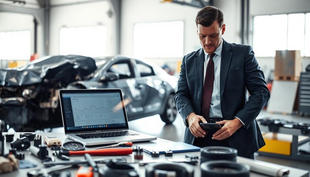 A professional automotive appraiser in a crisp business suit examines a damaged car in a brightly lit workshop. The car is partially covered, showing significant structural damage while a laptop displaying detailed evaluation data sits on a nearby workbench. In the middle ground, various automotive tools and parts are neatly organized, hinting at repair possibilities. The background features an industrial setting with large windows allowing natural light to flood in, creating a sense of clarity and focus. The atmosphere is serious and professional, emphasizing the meticulous nature of vehicle assessment for total damage. Use a close-up angle to capture the appraiser's concentrated expression as he analyzes the vehicle, bringing attention to the importance of his role in the evaluation process. A professional automotive appraiser in a crisp business suit examines a damaged car in a brightly lit workshop. The car is partially covered, showing significant structural damage while a laptop displaying detailed evaluation data sits on a nearby workbench. In the middle ground, various automotive tools and parts are neatly organized, hinting at repair possibilities. The background features an industrial setting with large windows allowing natural light to flood in, creating a sense of clarity and focus. The atmosphere is serious and professional, emphasizing the meticulous nature of vehicle assessment for total damage. Use a close-up angle to capture the appraiser's concentrated expression as he analyzes the vehicle, bringing attention to the importance of his role in the evaluation process.