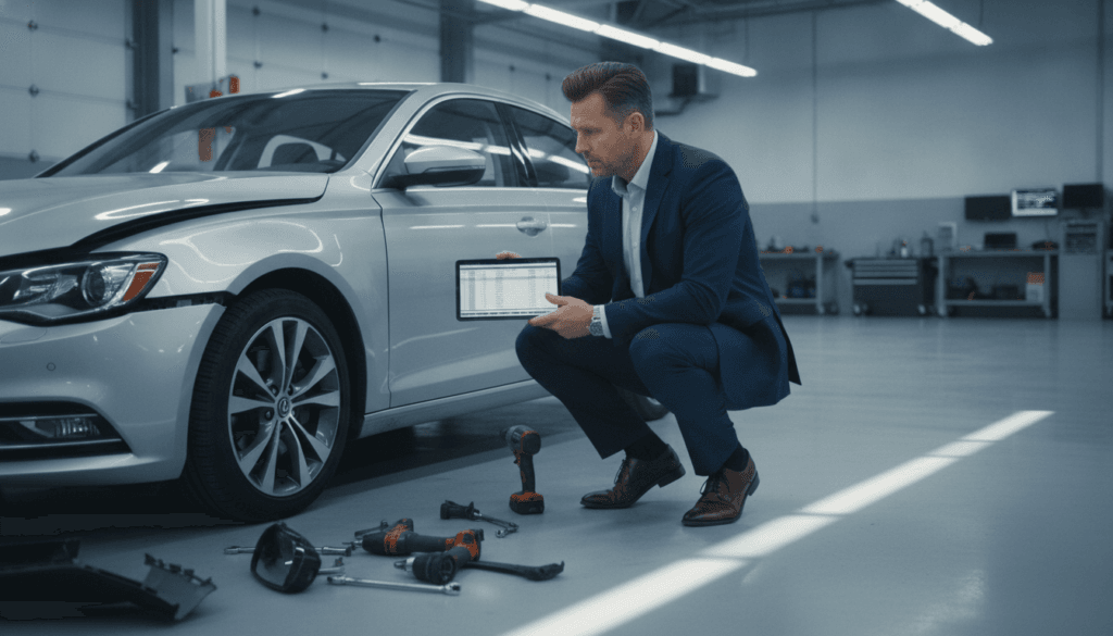 A professional automotive appraiser inspecting a damaged car in a well-lit garage. In the foreground, a middle-aged man in business attire is examining the car’s interior with a focused expression, holding a tablet displaying repair cost estimates. In the middle ground, the car is a modern sedan with visible damage on one side, surrounded by tools and parts scattered around. In the background, soft shadows cast by fluorescent lights highlight the garage’s tall ceilings and workbenches. The mood is serious yet collaborative, with an emphasis on professionalism and attention to detail. The composition uses a wide-angle lens to capture both the appraiser and the car in their environment, inviting the viewer into the scene. A professional automotive appraiser inspecting a damaged car in a well-lit garage. In the foreground, a middle-aged man in business attire is examining the car’s interior with a focused expression, holding a tablet displaying repair cost estimates. In the middle ground, the car is a modern sedan with visible damage on one side, surrounded by tools and parts scattered around. In the background, soft shadows cast by fluorescent lights highlight the garage’s tall ceilings and workbenches. The mood is serious yet collaborative, with an emphasis on professionalism and attention to detail. The composition uses a wide-angle lens to capture both the appraiser and the car in their environment, inviting the viewer into the scene.
