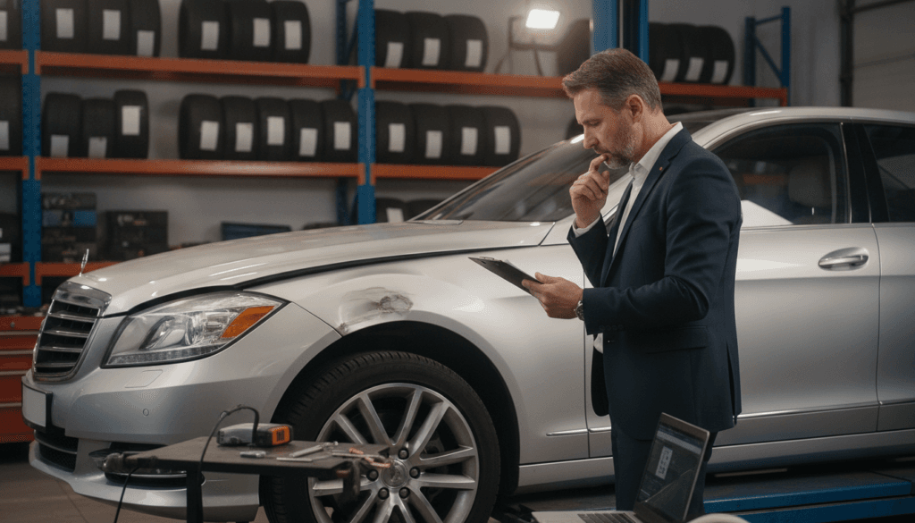 A professional automotive expert evaluating vehicle damage in a well-lit garage environment. In the foreground, a middle-aged man in a tailored business suit, equipped with a clipboard and a digital tablet, inspects a damaged car. His expression is focused and analytical. In the middle, the car, a sleek sedan with visible dents and scratches, is positioned on a raised platform, providing optimal visibility of the damage. Tools and diagnostic equipment are neatly arranged around the scene. The background features shelves stocked with automotive parts and tools, with soft overhead lighting creating a warm, professional atmosphere. The overall mood conveys expertise and thoroughness, emphasizing the role of the expert in assessing damages for insurance purposes. A professional automotive expert evaluating vehicle damage in a well-lit garage environment. In the foreground, a middle-aged man in a tailored business suit, equipped with a clipboard and a digital tablet, inspects a damaged car. His expression is focused and analytical. In the middle, the car, a sleek sedan with visible dents and scratches, is positioned on a raised platform, providing optimal visibility of the damage. Tools and diagnostic equipment are neatly arranged around the scene. The background features shelves stocked with automotive parts and tools, with soft overhead lighting creating a warm, professional atmosphere. The overall mood conveys expertise and thoroughness, emphasizing the role of the expert in assessing damages for insurance purposes.