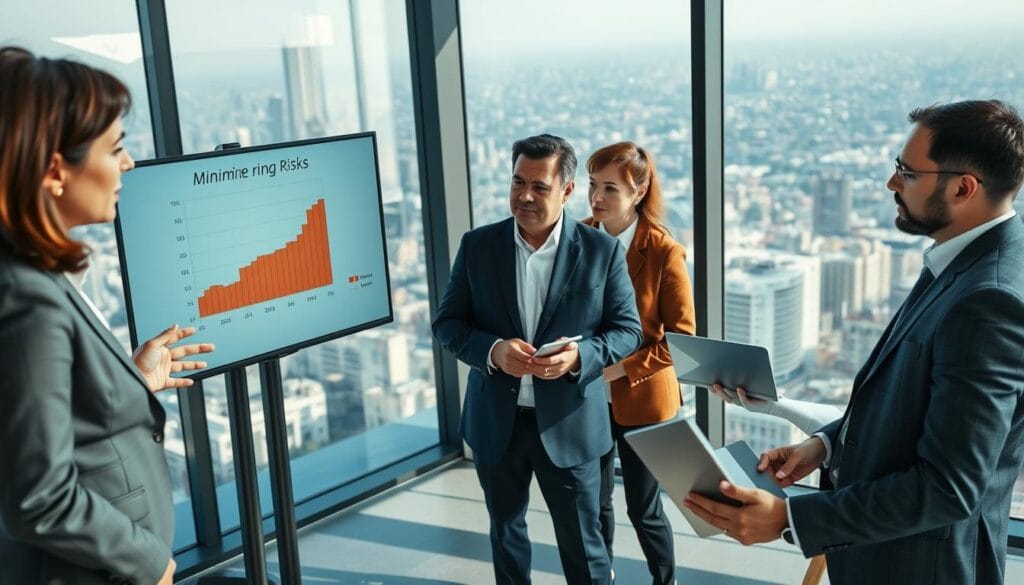 A professional business meeting in a modern office setting, highlighting a diverse group of individuals engaged in a serious discussion. In the foreground, a middle-aged woman in a tailored suit is presenting a chart on a digital screen, emphasizing the importance of minimizing risks. In the middle, two men, one in a sharp blazer and the other in business casual attire, are listening attentively, taking notes on their laptops. The background features a panoramic view of the city through large windows, with natural light flooding the room, creating a bright and focused atmosphere. The mood is tense yet purposeful, exemplifying the concept of responsibility and the urgency to act wisely to limit harm. Use a slight overhead angle to capture the interactions and expressions clearly. A professional business meeting in a modern office setting, highlighting a diverse group of individuals engaged in a serious discussion. In the foreground, a middle-aged woman in a tailored suit is presenting a chart on a digital screen, emphasizing the importance of minimizing risks. In the middle, two men, one in a sharp blazer and the other in business casual attire, are listening attentively, taking notes on their laptops. The background features a panoramic view of the city through large windows, with natural light flooding the room, creating a bright and focused atmosphere. The mood is tense yet purposeful, exemplifying the concept of responsibility and the urgency to act wisely to limit harm. Use a slight overhead angle to capture the interactions and expressions clearly.