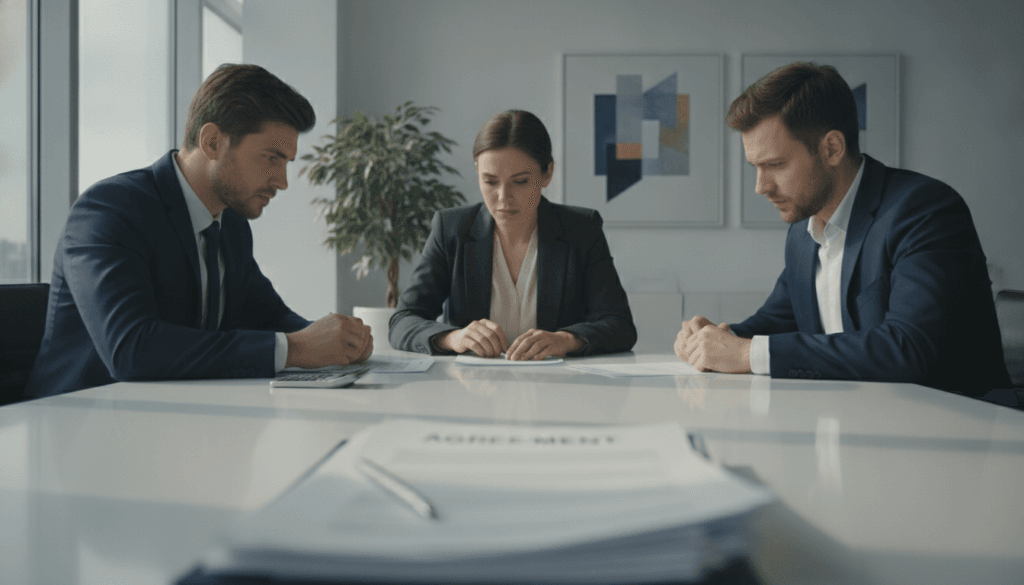 A professional business meeting scene depicting a group of three individuals, two men and one woman, sitting around a large conference table. The individuals are dressed in smart business attire, in deep discussion with concerned expressions, highlighting the tension surrounding a negotiation. In the foreground, a document with the word "Agreement" clearly visible, alongside a pen and a calculator, signifying the weight of the decisions being made. In the middle, soft natural light filters in through large windows, casting shadows and creating a serious atmosphere. In the background, a modern office environment with abstract art on the walls and a potted plant, enhancing the professional ambiance. The mood is tense and contemplative, underscoring the theme of cautious decision-making in potential settlement agreements. A professional business meeting scene depicting a group of three individuals, two men and one woman, sitting around a large conference table. The individuals are dressed in smart business attire, in deep discussion with concerned expressions, highlighting the tension surrounding a negotiation. In the foreground, a document with the word "Agreement" clearly visible, alongside a pen and a calculator, signifying the weight of the decisions being made. In the middle, soft natural light filters in through large windows, casting shadows and creating a serious atmosphere. In the background, a modern office environment with abstract art on the walls and a potted plant, enhancing the professional ambiance. The mood is tense and contemplative, underscoring the theme of cautious decision-making in potential settlement agreements.