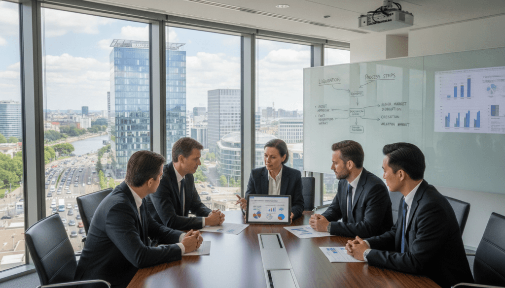 A professional business scene set in a modern office in Germany, focusing on the liquidation process. In the foreground, a diverse group of business professionals in formal attire discusses charts and financial documents on a sleek conference table. One person points to a digital tablet displaying technological valuation analytics. In the middle, a large window reveals a bustling cityscape, symbolizing the market's dynamic nature. The background features a whiteboard with flow diagrams illustrating liquidation steps and a high-tech projector displaying relevant data. The room is illuminated by soft, natural light, creating a focused yet collaborative atmosphere, emphasizing the impact of technology on valuations in the repair market.
