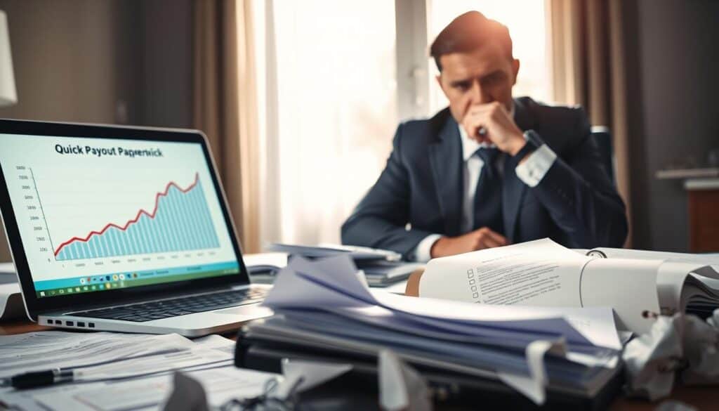 A professional business setting depicting a concerned individual in formal attire, seated at a desk covered with scattered documents, highlighting missing entries in the paperwork. In the foreground, a laptop screen glows with a graph displaying quick payout options. The middle ground features a nearby open binder with a checklist, while crumpled papers symbolize disorganized documentation. In the background, a window with soft natural lighting streams through, casting shadows that create a tense atmosphere. The overall mood is one of urgency and caution, capturing the complexities of quick payouts and incomplete documentation, emphasizing the possible pitfalls in financial decisions. The focus should be sharp, with a slight depth of field.