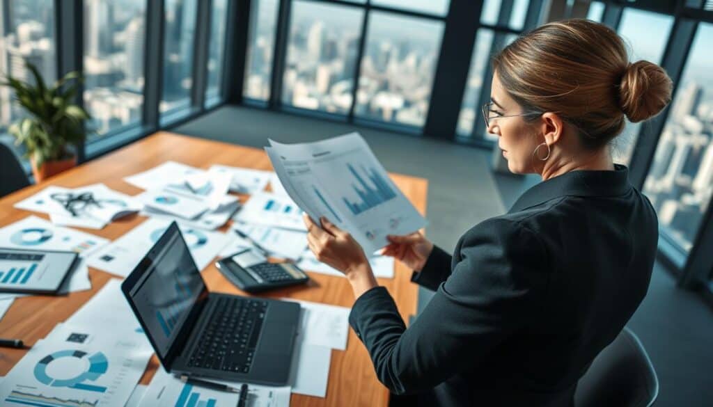 A professional business setting focusing on financial analysis. In the foreground, a confident businesswoman in professional attire, analyzing a document filled with graphs and cost analyses. The middle ground features a large wooden desk cluttered with financial reports, a laptop displaying charts, and a calculator, indicating rigorous analysis. In the background, a modern office environment with a large window revealing a city skyline, allowing natural light to illuminate the scene. The atmosphere is serious yet focused, conveying a sense of urgency and critical thinking. The image is captured using a shallow depth of field, emphasizing the businesswoman and her work, while the edges fade softly into the background. A professional business setting focusing on financial analysis. In the foreground, a confident businesswoman in professional attire, analyzing a document filled with graphs and cost analyses. The middle ground features a large wooden desk cluttered with financial reports, a laptop displaying charts, and a calculator, indicating rigorous analysis. In the background, a modern office environment with a large window revealing a city skyline, allowing natural light to illuminate the scene. The atmosphere is serious yet focused, conveying a sense of urgency and critical thinking. The image is captured using a shallow depth of field, emphasizing the businesswoman and her work, while the edges fade softly into the background.