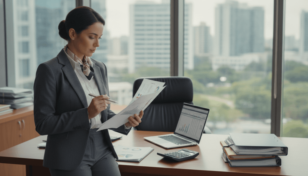 A professional businesswoman in a smart suit stands in the foreground, examining documents and financial reports, symbolizing financial security. In the middle ground, a well-organized office space with a large desk, a laptop, and a calculator reflects a methodical approach to damage prevention. Behind her, a large window reveals a serene urban landscape under soft, natural lighting, creating an atmosphere of stability and optimism. The overall mood is one of focus and diligence, conveying the significance of proactive measures in financial planning and risk management. The scene is photographed from a slightly elevated angle, providing a clear view of both the subject and her environment, ensuring the message of value in damage prevention is visually communicated. A professional businesswoman in a smart suit stands in the foreground, examining documents and financial reports, symbolizing financial security. In the middle ground, a well-organized office space with a large desk, a laptop, and a calculator reflects a methodical approach to damage prevention. Behind her, a large window reveals a serene urban landscape under soft, natural lighting, creating an atmosphere of stability and optimism. The overall mood is one of focus and diligence, conveying the significance of proactive measures in financial planning and risk management. The scene is photographed from a slightly elevated angle, providing a clear view of both the subject and her environment, ensuring the message of value in damage prevention is visually communicated.