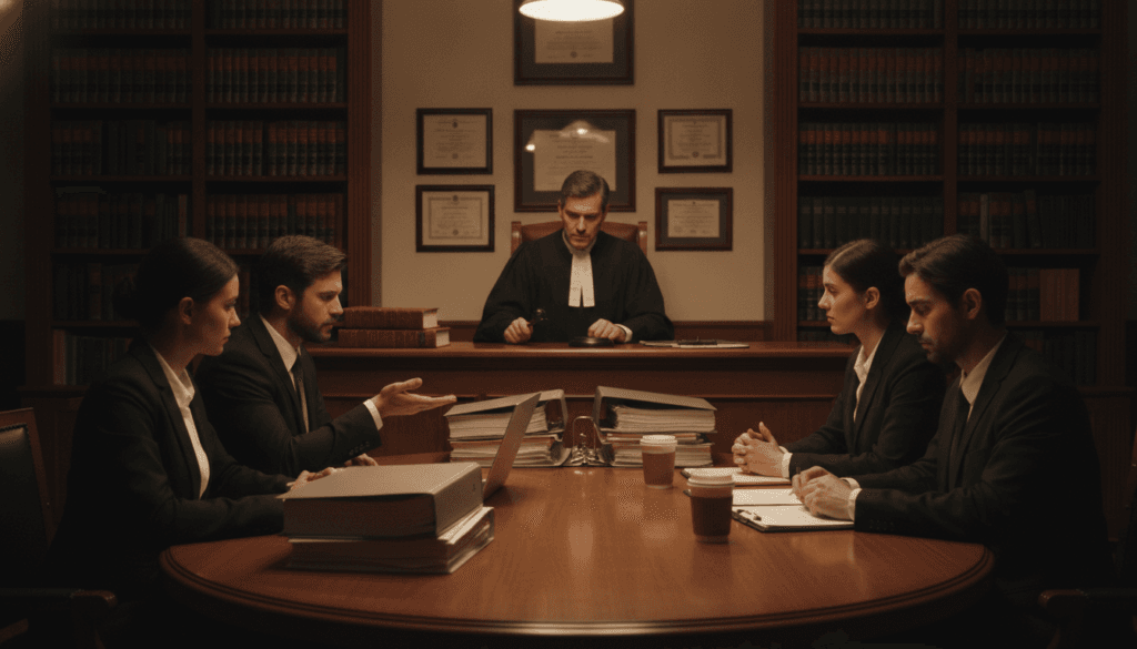 A professional courtroom scene depicting a legal dispute resolution process. In the foreground, a diverse group of individuals in business attire, including a lawyer and a client, engage in a serious discussion at a round table filled with documents and a laptop. The middle ground shows a judge presiding over the courtroom, with a gavel in hand and legal books on the bench. The background features shelves filled with law books and framed legal certificates, creating an atmosphere of formality and seriousness. The lighting is warm and focused, highlighting the main figures, while soft shadows add depth to the setting. The image conveys a sense of determination and professionalism, encapsulating the complexities of judicial proceedings and alternative dispute resolution methods. A professional courtroom scene depicting a legal dispute resolution process. In the foreground, a diverse group of individuals in business attire, including a lawyer and a client, engage in a serious discussion at a round table filled with documents and a laptop. The middle ground shows a judge presiding over the courtroom, with a gavel in hand and legal books on the bench. The background features shelves filled with law books and framed legal certificates, creating an atmosphere of formality and seriousness. The lighting is warm and focused, highlighting the main figures, while soft shadows add depth to the setting. The image conveys a sense of determination and professionalism, encapsulating the complexities of judicial proceedings and alternative dispute resolution methods.