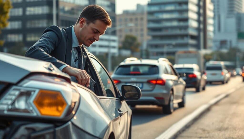 A professional insurance adjuster, dressed in business attire, inspecting a damaged vehicle on the side of a busy road. The foreground features the adjuster closely examining the car, documenting details with a tablet in hand. In the middle ground, other vehicles pass by, showcasing the impact of accidents. The background has a cityscape with office buildings and traffic, hinting at an urban environment. Soft, natural lighting filters in, suggesting a late afternoon setting, creating a serious yet focused atmosphere. The image captures the adjuster's role in evaluating vehicle damage for insurance claims, emphasizing professionalism and diligence in their work. A professional insurance adjuster, dressed in business attire, inspecting a damaged vehicle on the side of a busy road. The foreground features the adjuster closely examining the car, documenting details with a tablet in hand. In the middle ground, other vehicles pass by, showcasing the impact of accidents. The background has a cityscape with office buildings and traffic, hinting at an urban environment. Soft, natural lighting filters in, suggesting a late afternoon setting, creating a serious yet focused atmosphere. The image captures the adjuster's role in evaluating vehicle damage for insurance claims, emphasizing professionalism and diligence in their work.