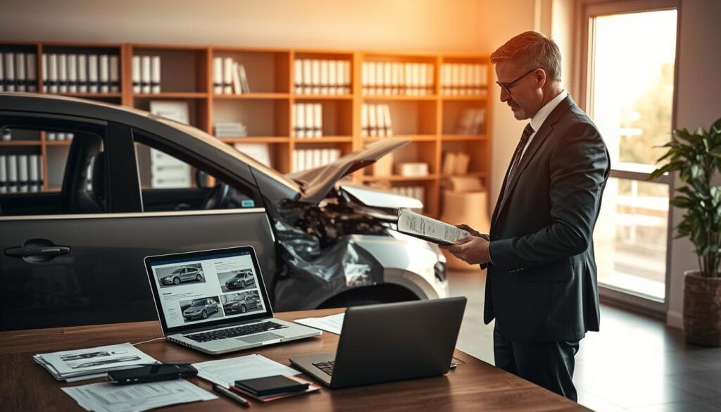 A professional insurance adjuster examining a damaged vehicle in an office setting, with a large window letting in warm, natural light. The foreground features the adjuster, dressed in a tailored business suit, carefully inspecting the vehicle's exterior for damages, holding a clipboard and measuring device. In the middle ground, a large desk with documents and a laptop displays detailed insurance forms and images of the damaged car. The background shows a modern office environment with shelves filled with insurance manuals, creating an authoritative atmosphere. The overall mood is focused and analytical, emphasizing the thoroughness of the claims process within German insurance practices. Use a slightly elevated camera angle to capture both the adjuster and the desk in a clear and professional composition.