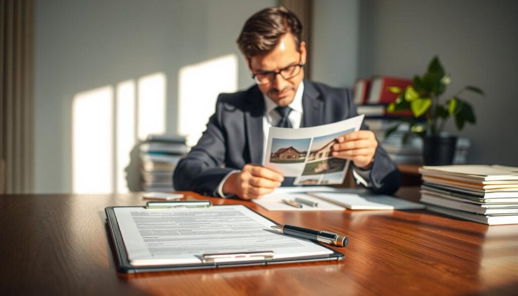 A professional insurance adjuster in a smart business suit meticulously examining documents related to insurance compensation. In the foreground, a clipboard filled with forms and a pen rests on a polished wooden desk, reflecting the importance of the claims process. In the middle ground, the adjuster is focused on assessing photographs of damaged property, showcasing a blend of concentration and expertise. Soft, natural light filters through a window, casting gentle shadows and creating a serene office atmosphere. In the background, stacks of files and reference books symbolize the complexity of the claim process, while a potted plant adds a touch of greenery. The overall mood conveys professionalism, diligence, and the serious nature of insurance claims management.