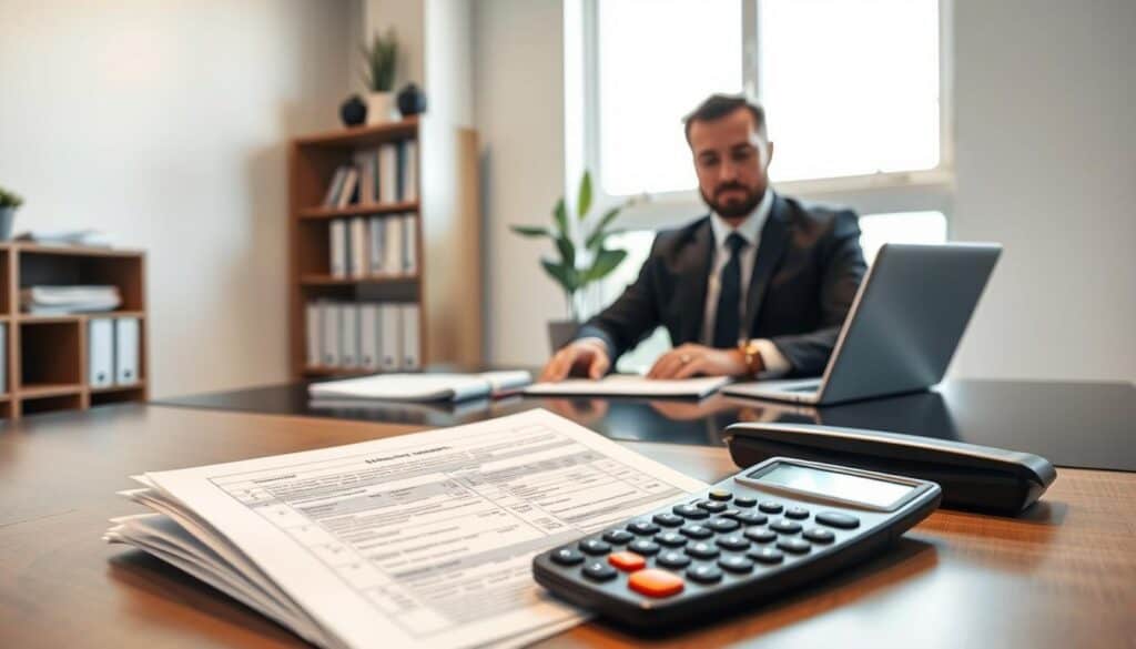 A professional insurance agent, dressed in business attire, sits at a sleek modern desk with a laptop open, engaged in a consultation with a homeowner. The agent has a focused expression, showcasing the process of claims management. In the background, a large window allows soft, natural light to fill the room, enhancing the atmosphere of professionalism and trust. A neatly organized shelf holds insurance brochures and documents. The foreground features a close-up of intricate paperwork and a calculator, symbolizing the detailed process of damage assessment and claims. The overall mood is one of authority, reassurance, and clarity, representing the essential role of the insurer in the claims payout process.