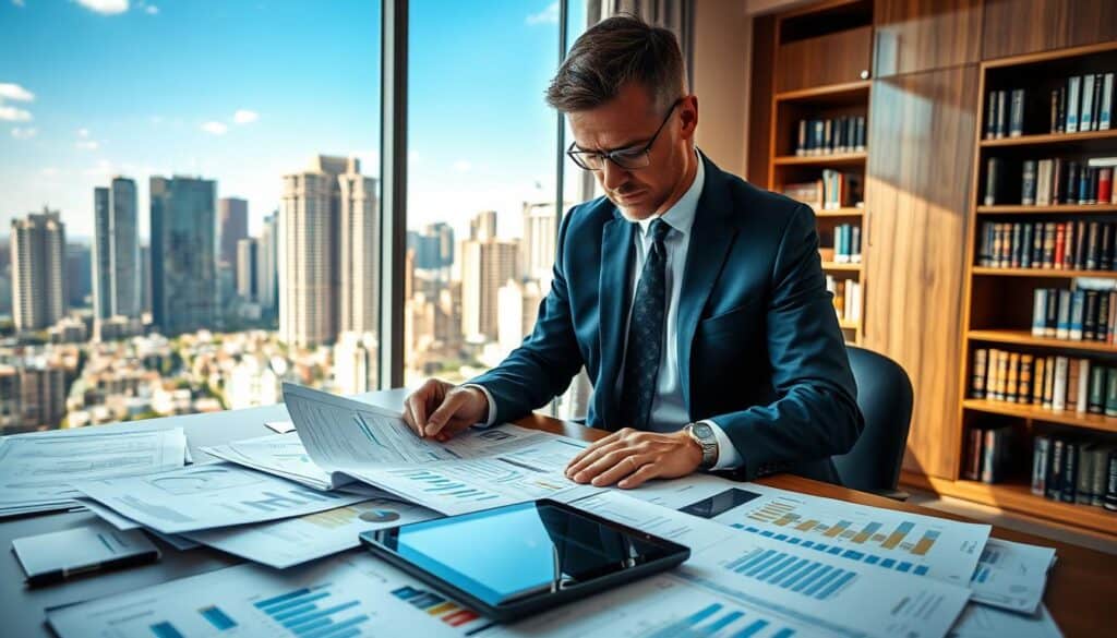 A professional insurance consultant in a tailored suit examines a complex risk assessment report in a modern office setting. In the foreground, a desk is strewn with various documents, including graphs and charts related to insurance claims. In the middle ground, a large window offers a view of a bustling cityscape, filled with tall buildings under a bright blue sky. Subtle light streams in, creating a warm atmosphere. A digital tablet lies beside the papers, displaying data analytics. In the background, a contemporary bookshelf filled with insurance literature suggests a wealth of knowledge. The mood is focused and optimistic, reflecting a future-oriented approach to damage assessment and claims processing. A professional insurance consultant in a tailored suit examines a complex risk assessment report in a modern office setting. In the foreground, a desk is strewn with various documents, including graphs and charts related to insurance claims. In the middle ground, a large window offers a view of a bustling cityscape, filled with tall buildings under a bright blue sky. Subtle light streams in, creating a warm atmosphere. A digital tablet lies beside the papers, displaying data analytics. In the background, a contemporary bookshelf filled with insurance literature suggests a wealth of knowledge. The mood is focused and optimistic, reflecting a future-oriented approach to damage assessment and claims processing.