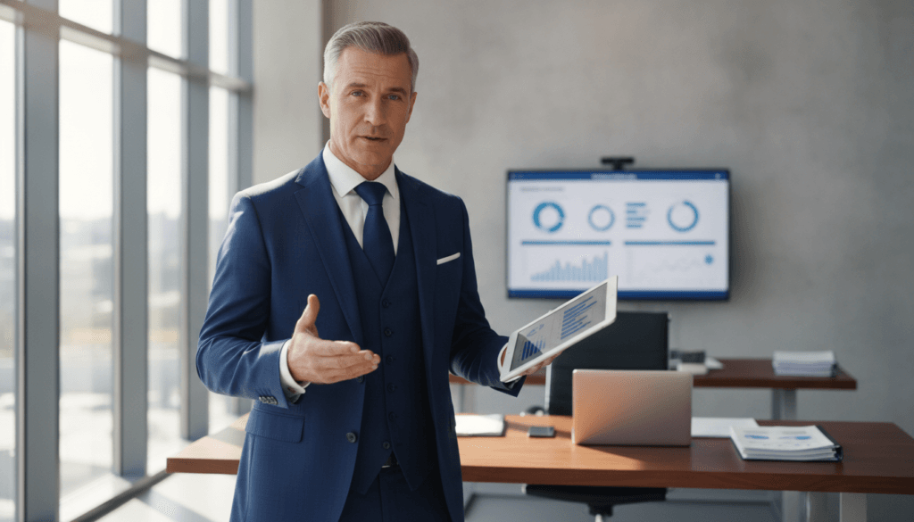A professional insurance expert, a middle-aged man in a tailored suit, stands in a modern office environment. In the foreground, he is engaged in a confident discussion, gesturing with one hand while holding a tablet in the other, showcasing digital documentation. His expression is focused and knowledgeable. The middle background features a sleek desk cluttered with neatly arranged files, a laptop, and a view of insurance charts on a wall screen. Soft natural lighting floods the room, coming from large windows, creating a calm and inviting atmosphere. The overall mood is one of trust, professionalism, and collaboration, emphasizing the theme of expert assistance in insurance matters. The image should be realistic, captured from a slightly low angle to highlight the expert's authority. A professional insurance expert, a middle-aged man in a tailored suit, stands in a modern office environment. In the foreground, he is engaged in a confident discussion, gesturing with one hand while holding a tablet in the other, showcasing digital documentation. His expression is focused and knowledgeable. The middle background features a sleek desk cluttered with neatly arranged files, a laptop, and a view of insurance charts on a wall screen. Soft natural lighting floods the room, coming from large windows, creating a calm and inviting atmosphere. The overall mood is one of trust, professionalism, and collaboration, emphasizing the theme of expert assistance in insurance matters. The image should be realistic, captured from a slightly low angle to highlight the expert's authority.