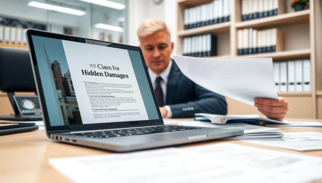 A professional-looking office environment showcasing a person in business attire sitting at a desk filled with paperwork regarding hidden damages and insurance claims. The foreground features a laptop with a document titled "Claim for Hidden Damages" displayed on the screen. In the middle, a document is highlighted with annotations showing potential hidden damage areas in a home. The background reveals soft-focus images of an insurance office and shelves lined with policy books. The lighting is bright and neutral, conveying a serious yet hopeful atmosphere, suggesting a proactive approach to insurance claims. The angle should be slightly elevated, providing a comprehensive view of the desk setup while maintaining a clean and organized appearance. A professional-looking office environment showcasing a person in business attire sitting at a desk filled with paperwork regarding hidden damages and insurance claims. The foreground features a laptop with a document titled "Claim for Hidden Damages" displayed on the screen. In the middle, a document is highlighted with annotations showing potential hidden damage areas in a home. The background reveals soft-focus images of an insurance office and shelves lined with policy books. The lighting is bright and neutral, conveying a serious yet hopeful atmosphere, suggesting a proactive approach to insurance claims. The angle should be slightly elevated, providing a comprehensive view of the desk setup while maintaining a clean and organized appearance.