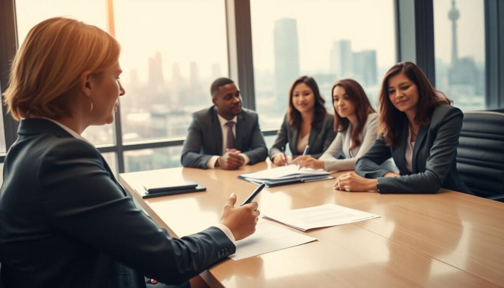 A professional meeting scene in a modern office setting that symbolizes the process of seeking compensation. In the foreground, a well-dressed businesswoman is seated at a conference table, reviewing documents with a focused expression. She holds a pen, poised to make notes. In the middle ground, a diverse group of professionals, also in business attire, engages in discussion, their expressions serious yet collaborative. The background features floor-to-ceiling windows with soft, natural daylight filtering through, casting a warm glow across the space. A city skyline is faintly visible outside, suggesting a bustling urban environment. The atmosphere is one of determination and clarity, emphasizing the theme of pursuing rightful claims in a professional manner. A professional meeting scene in a modern office setting that symbolizes the process of seeking compensation. In the foreground, a well-dressed businesswoman is seated at a conference table, reviewing documents with a focused expression. She holds a pen, poised to make notes. In the middle ground, a diverse group of professionals, also in business attire, engages in discussion, their expressions serious yet collaborative. The background features floor-to-ceiling windows with soft, natural daylight filtering through, casting a warm glow across the space. A city skyline is faintly visible outside, suggesting a bustling urban environment. The atmosphere is one of determination and clarity, emphasizing the theme of pursuing rightful claims in a professional manner.
