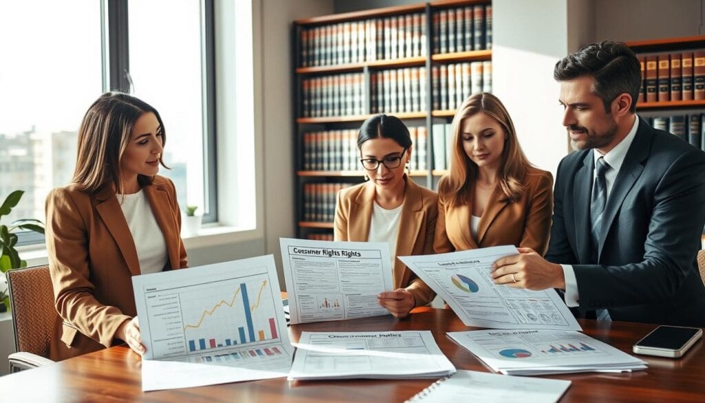A professional, modern office setting, featuring a well-organized desk with documents and charts related to consumer rights prominently displayed. In the foreground, a diverse group of three business professionals—two women and one man—are discussing the documents with focused expressions, wearing smart professional attire. The middle ground shows a large window allowing natural light to filter in, casting soft shadows that enhance the atmosphere of collaboration and seriousness. The background reveals shelves filled with legal books and file cabinets, suggesting a well-structured legal environment. The overall mood is one of diligence and professionalism, with warm, inviting tones to make the scene feel approachable yet serious. A professional, modern office setting, featuring a well-organized desk with documents and charts related to consumer rights prominently displayed. In the foreground, a diverse group of three business professionals—two women and one man—are discussing the documents with focused expressions, wearing smart professional attire. The middle ground shows a large window allowing natural light to filter in, casting soft shadows that enhance the atmosphere of collaboration and seriousness. The background reveals shelves filled with legal books and file cabinets, suggesting a well-structured legal environment. The overall mood is one of diligence and professionalism, with warm, inviting tones to make the scene feel approachable yet serious.