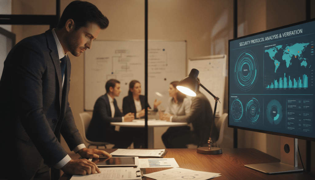 A professional office environment focused on security procedures. In the foreground, a serious-looking business professional in a tailored suit is reviewing documents on a desk, illuminated by soft, focused lighting that highlights the details of the papers. The middle layer features a large screen displaying visual data analytics related to security protocols, with charts and graphs that convey analysis and verification processes. In the background, a glass wall showcases a group of professionals engaged in discussion, further emphasizing collaboration in evaluating proposals. The atmosphere is one of diligence and focused determination, with a warm color palette to suggest a productive workday, shot with a slight depth of field to draw attention to the foreground activities, at a 35mm lens perspective. A professional office environment focused on security procedures. In the foreground, a serious-looking business professional in a tailored suit is reviewing documents on a desk, illuminated by soft, focused lighting that highlights the details of the papers. The middle layer features a large screen displaying visual data analytics related to security protocols, with charts and graphs that convey analysis and verification processes. In the background, a glass wall showcases a group of professionals engaged in discussion, further emphasizing collaboration in evaluating proposals. The atmosphere is one of diligence and focused determination, with a warm color palette to suggest a productive workday, shot with a slight depth of field to draw attention to the foreground activities, at a 35mm lens perspective.